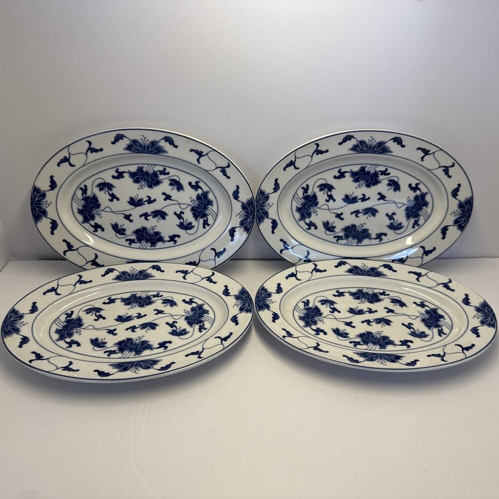 Set of 4 Tatung Blue Water Lily 0517 Oval Platters 9.25 x 6.5 New NOS Vintage